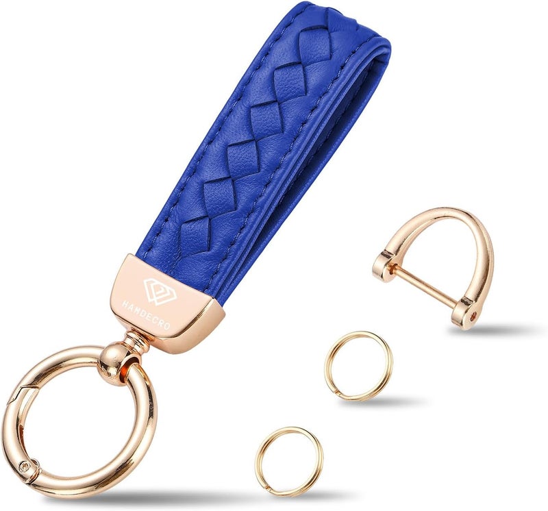 Hamdecro Store Genuine Leather Car Keychain, Handmade Knit Sheepskin Key chains for Women, Universal Key Fob Holder with 360 Degree Rotatable, Anti-Lost D-Ring, 2 Keyrings and 1 Screwdriver – Blue - Image 1